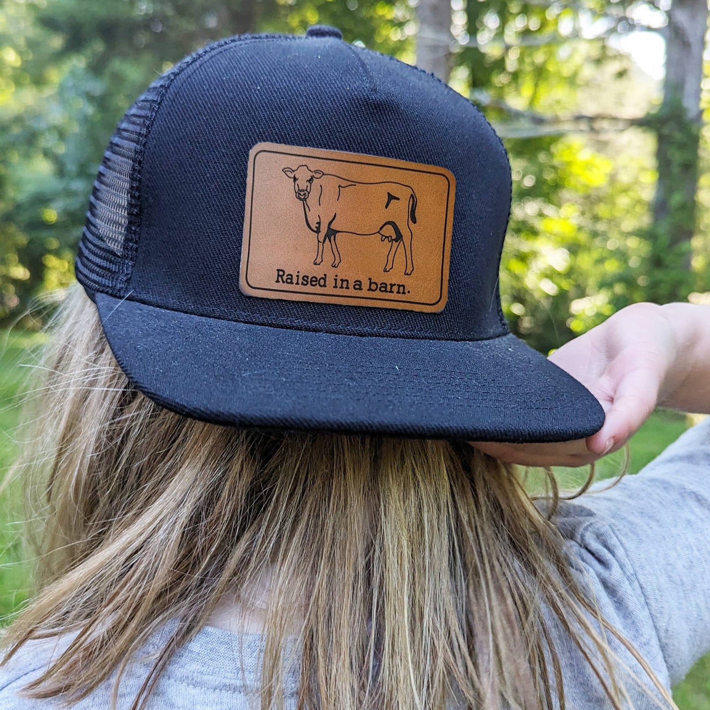 Black "Raised in a barn" Kids Farm Trucker Hat