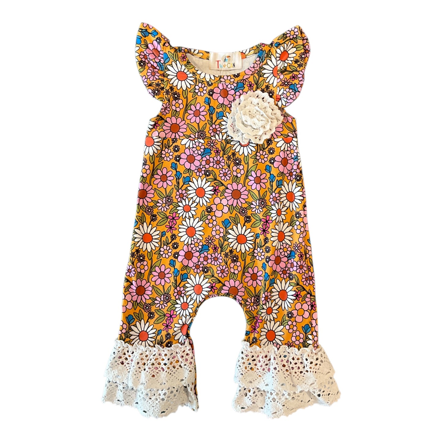 Mustard Daises with Lace Trim Dress
