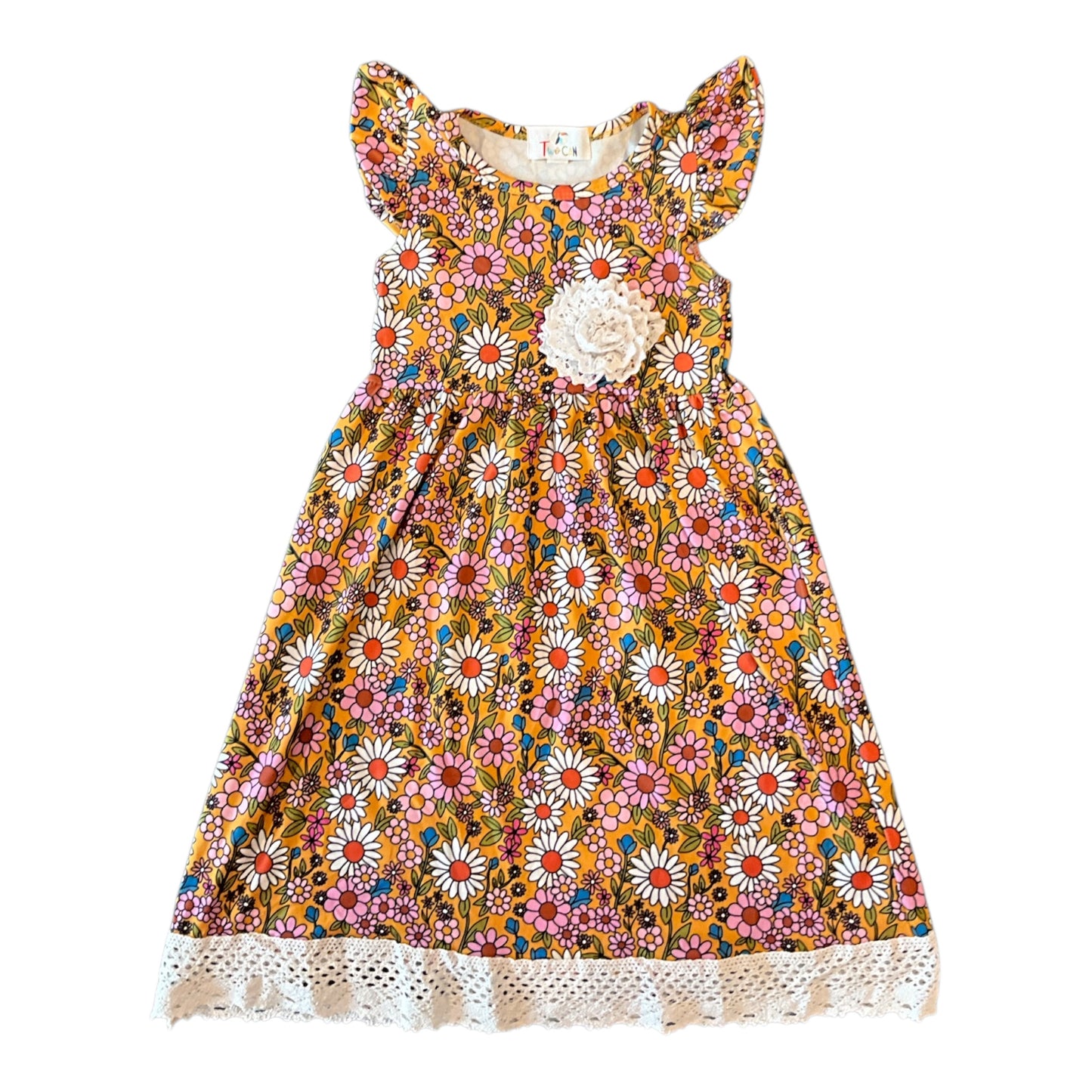 Mustard Daises with Lace Trim Dress