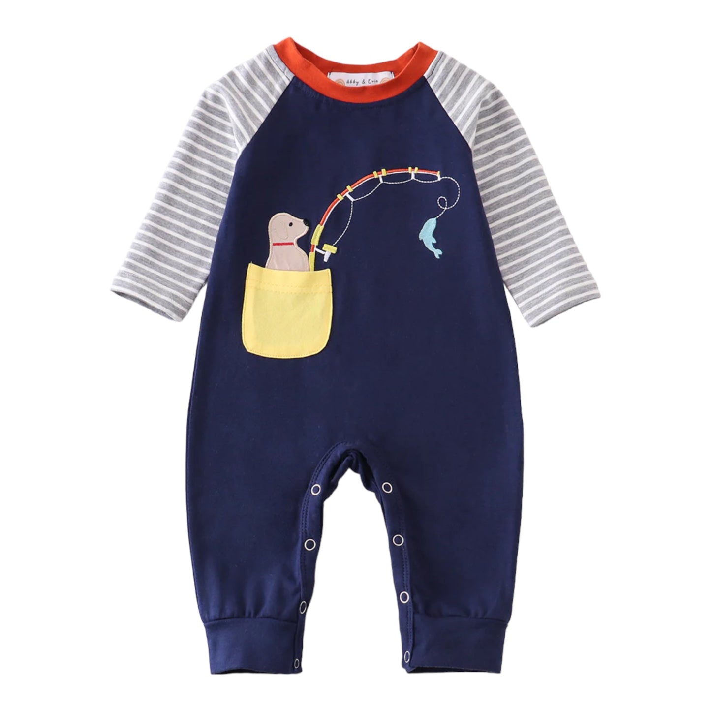 Navy Stripe Puppy Fishing Appliqué Romper