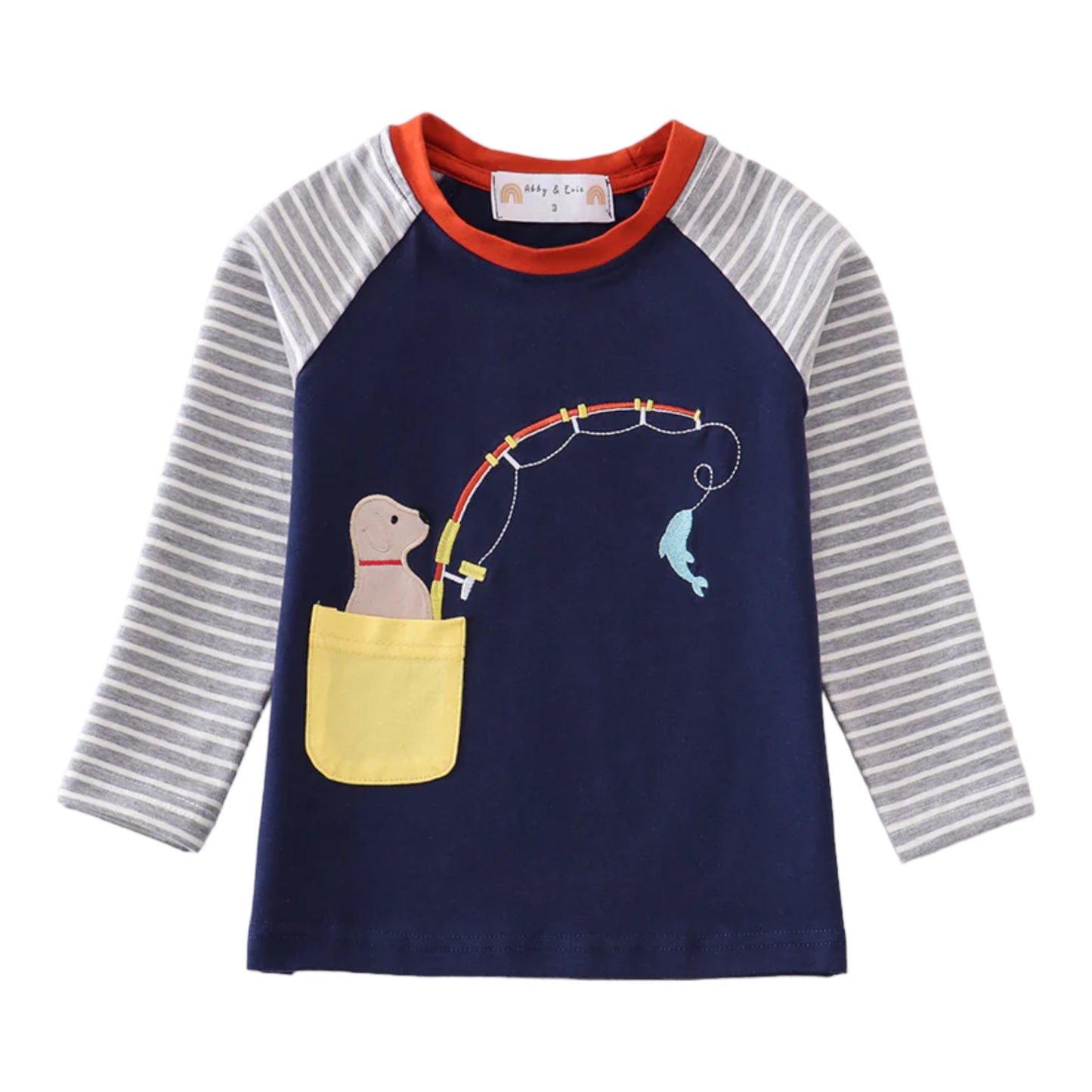 Navy Stripe Puppy Fishing Appliqué Top