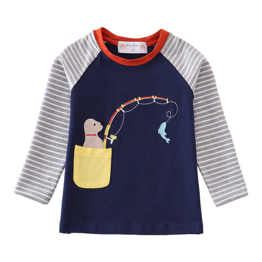 Navy Stripe Puppy Fishing Appliqué Top