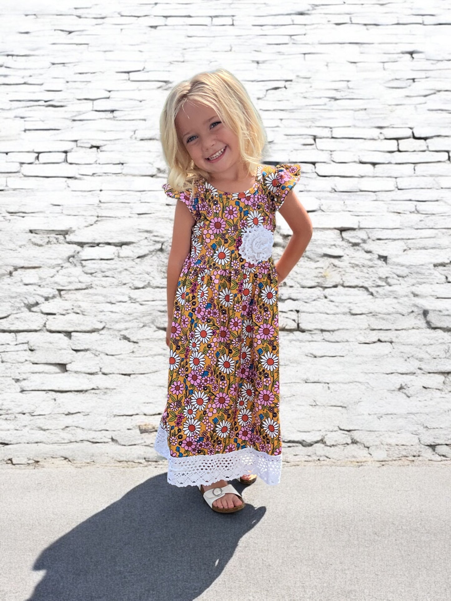 Mustard Daises with Lace Trim Dress