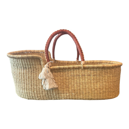 Natural- African Moses Basket - Cognac + Cream Handle