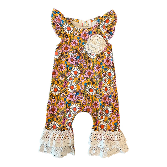 Mustard Daisies with Lace Trim Romper