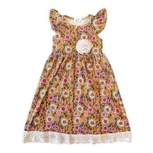 Mustard Daises with Lace Trim Dress
