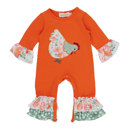 Orange Ruffle Floral Chicken Romper