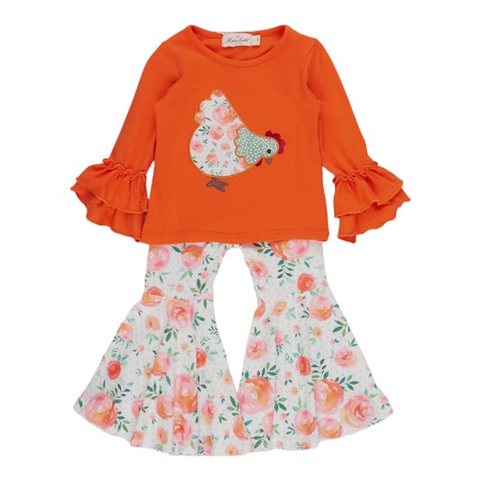 Orange Ruffle Floral Chicken Bell Bottom Outfit