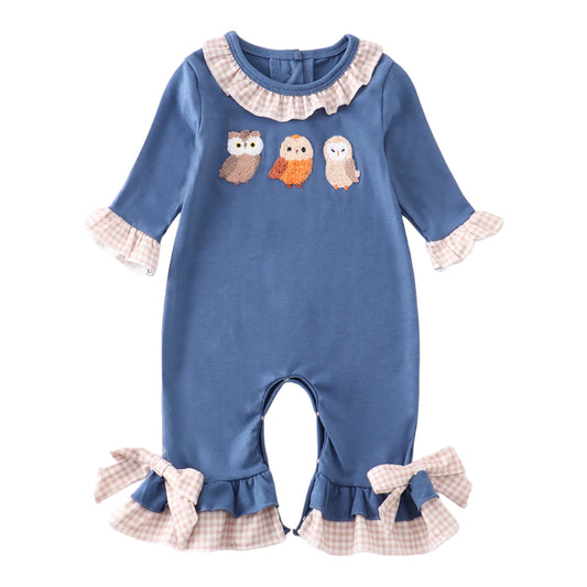 Blue Owl French Knot Ruffle Romper