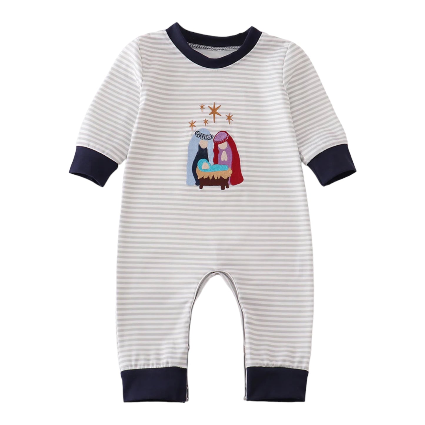 Navy Nativity Embroidered Stripe Boy Romper