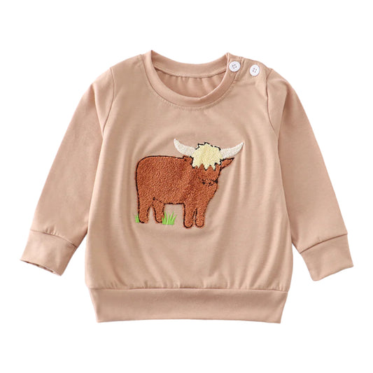 Brown Highland Cow French Knot Boy Top