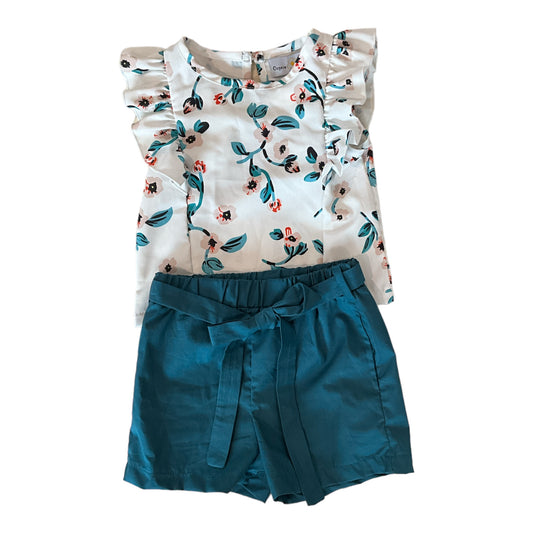 White & Teal Floral Ruffle Short Set