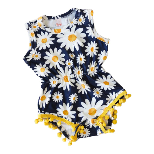 Navy Daisy Pom Pom Romper